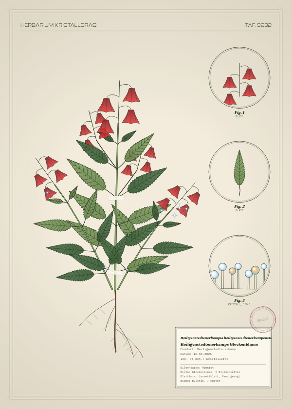 Botanische Tafel: Heiligenstedtenerkampia heiligenstedtenerkampensis, eine erfundene Pflanze aus Heiligenstedtenerkamp, gezeichnet wie in einem alten Pflanzenatlas