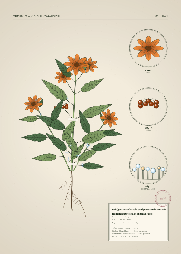 Botanische Tafel: Heiligkreuzsteinachia heiligkreuzsteinachensis, eine erfundene Pflanze aus Heiligkreuzsteinach, gezeichnet wie in einem alten Pflanzenatlas