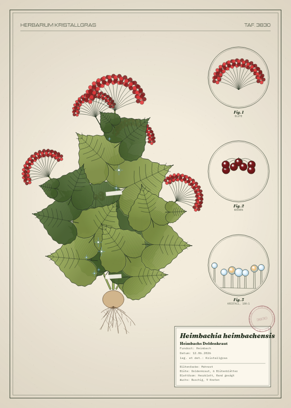 Botanische Tafel: Heimbachia heimbachensis, eine erfundene Pflanze aus Heimbach, gezeichnet wie in einem alten Pflanzenatlas