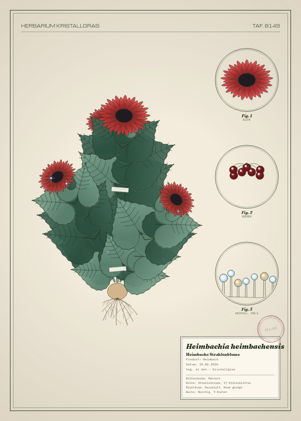 Botanische Tafel: Heimbachia heimbachensis, eine erfundene Pflanze aus Heimbach, gezeichnet wie in einem alten Pflanzenatlas