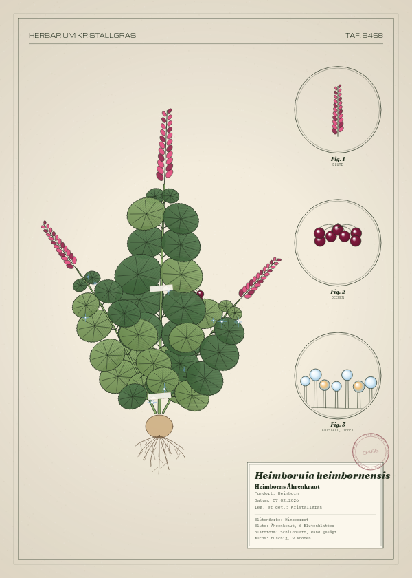 Botanische Tafel: Heimbornia heimbornensis, eine erfundene Pflanze aus Heimborn, gezeichnet wie in einem alten Pflanzenatlas