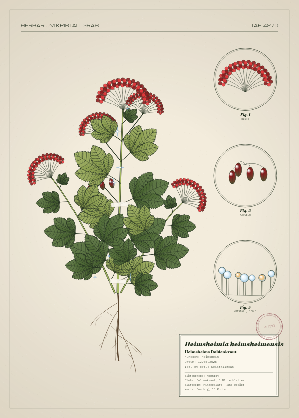 Botanische Tafel: Heimsheimia heimsheimensis, eine erfundene Pflanze aus Heimsheim, gezeichnet wie in einem alten Pflanzenatlas
