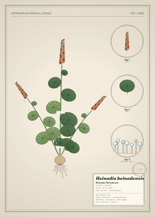 Botanische Tafel: Heinadia heinadensis, eine erfundene Pflanze aus Heinade, gezeichnet wie in einem alten Pflanzenatlas