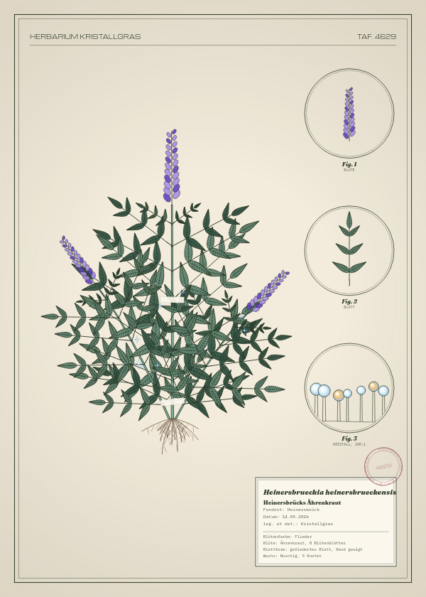 Botanische Tafel: Heinersbrueckia heinersbrueckensis, eine erfundene Pflanze aus Heinersbrück, gezeichnet wie in einem alten Pflanzenatlas