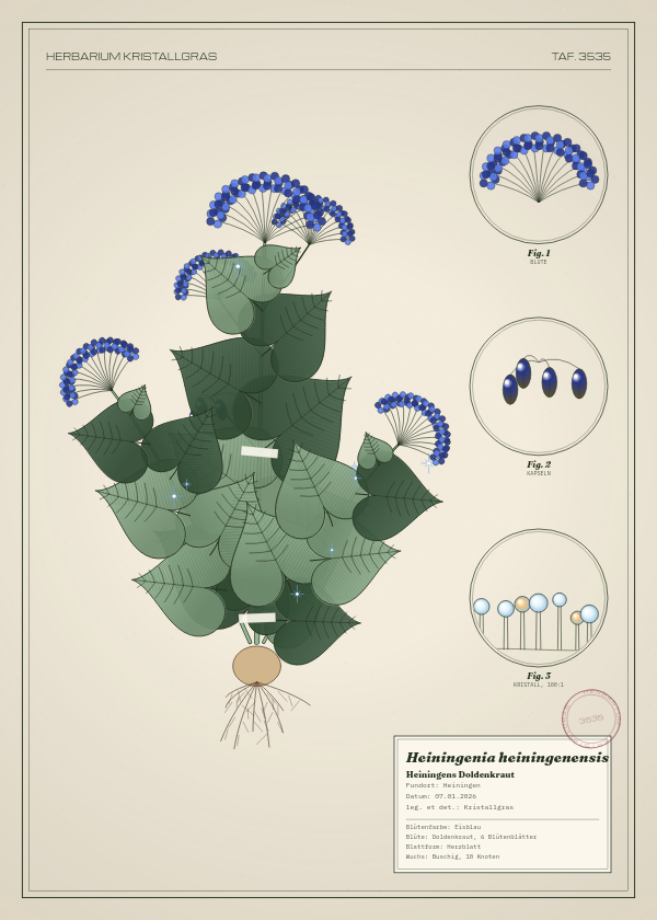 Botanische Tafel: Heiningenia heiningenensis, eine erfundene Pflanze aus Heiningen, gezeichnet wie in einem alten Pflanzenatlas