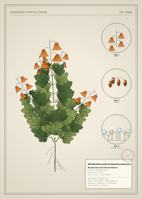 Botanische Tafel: Heinkenborstelia heinkenborstelensis, eine erfundene Pflanze aus Heinkenborstel, gezeichnet wie in einem alten Pflanzenatlas