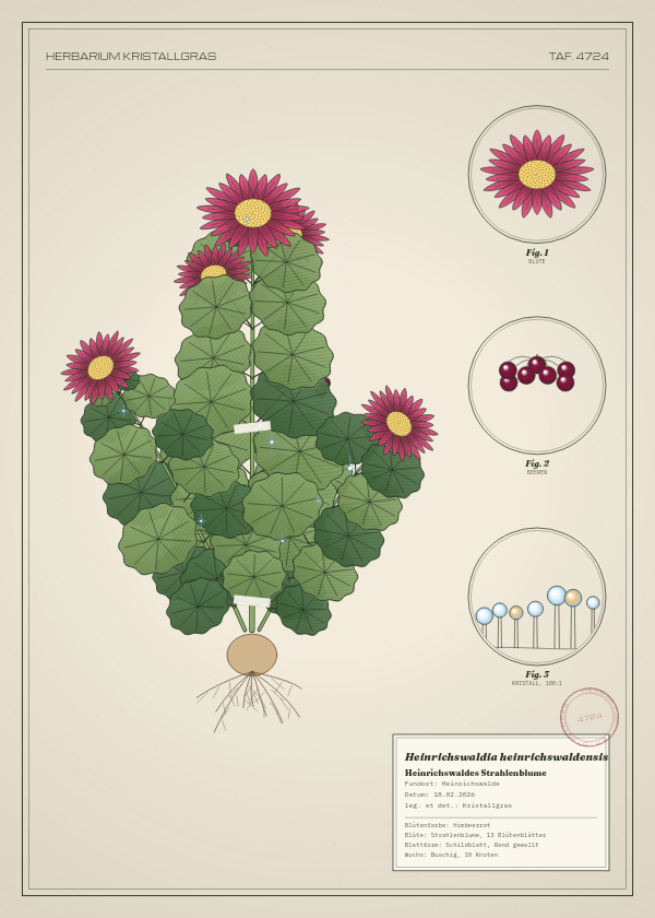 Botanische Tafel: Heinrichswaldia heinrichswaldensis, eine erfundene Pflanze aus Heinrichswalde, gezeichnet wie in einem alten Pflanzenatlas