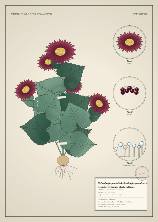 Botanische Tafel: Heinsdorfergrundia heinsdorfergrundensis, eine erfundene Pflanze aus Heinsdorfergrund, gezeichnet wie in einem alten Pflanzenatlas