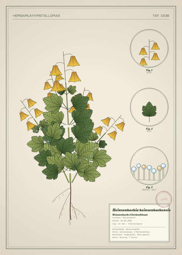 Botanische Tafel: Heinzenbachia heinzenbachensis, eine erfundene Pflanze aus Heinzenbach, gezeichnet wie in einem alten Pflanzenatlas