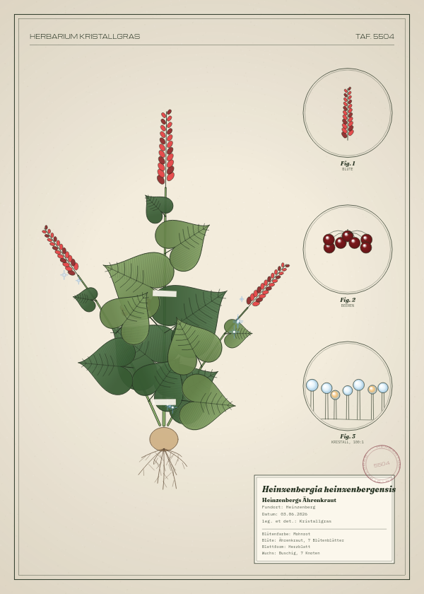 Botanische Tafel: Heinzenbergia heinzenbergensis, eine erfundene Pflanze aus Heinzenberg, gezeichnet wie in einem alten Pflanzenatlas