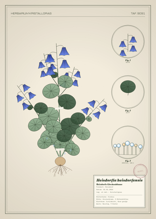 Botanische Tafel: Heisdorfia heisdorfensis, eine erfundene Pflanze aus Heisdorf, gezeichnet wie in einem alten Pflanzenatlas