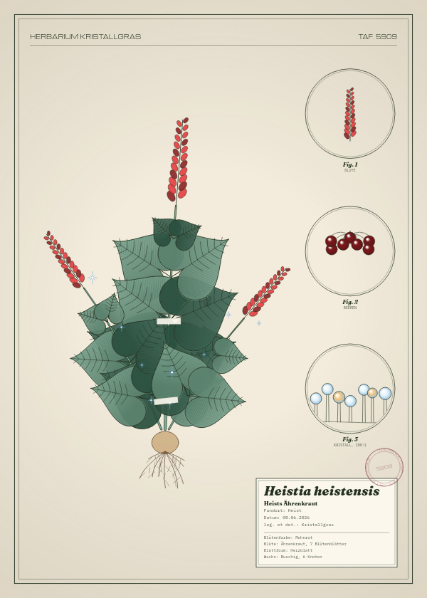 Botanische Tafel: Heistia heistensis, eine erfundene Pflanze aus Heist, gezeichnet wie in einem alten Pflanzenatlas