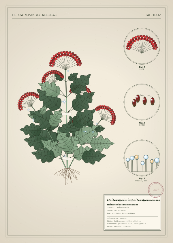 Botanische Tafel: Heitersheimia heitersheimensis, eine erfundene Pflanze aus Heitersheim, gezeichnet wie in einem alten Pflanzenatlas