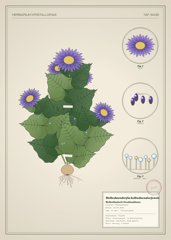Botanische Tafel: Helbeduendorfia helbeduendorfensis, eine erfundene Pflanze aus Helbedündorf, gezeichnet wie in einem alten Pflanzenatlas