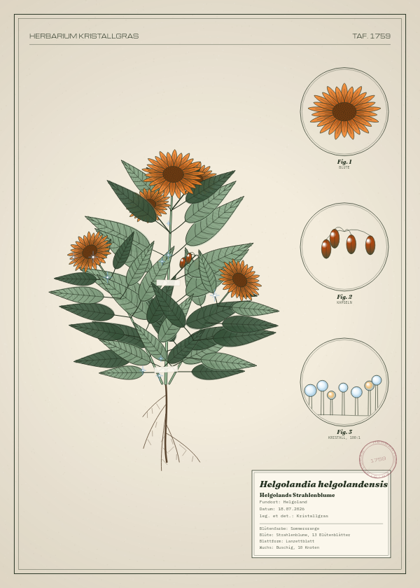 Botanische Tafel: Helgolandia helgolandensis, eine erfundene Pflanze aus Helgoland, gezeichnet wie in einem alten Pflanzenatlas