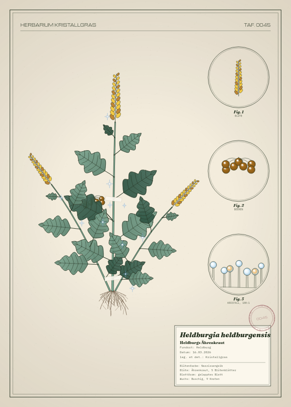 Botanische Tafel: Heldburgia heldburgensis, eine erfundene Pflanze aus Heldburg, gezeichnet wie in einem alten Pflanzenatlas