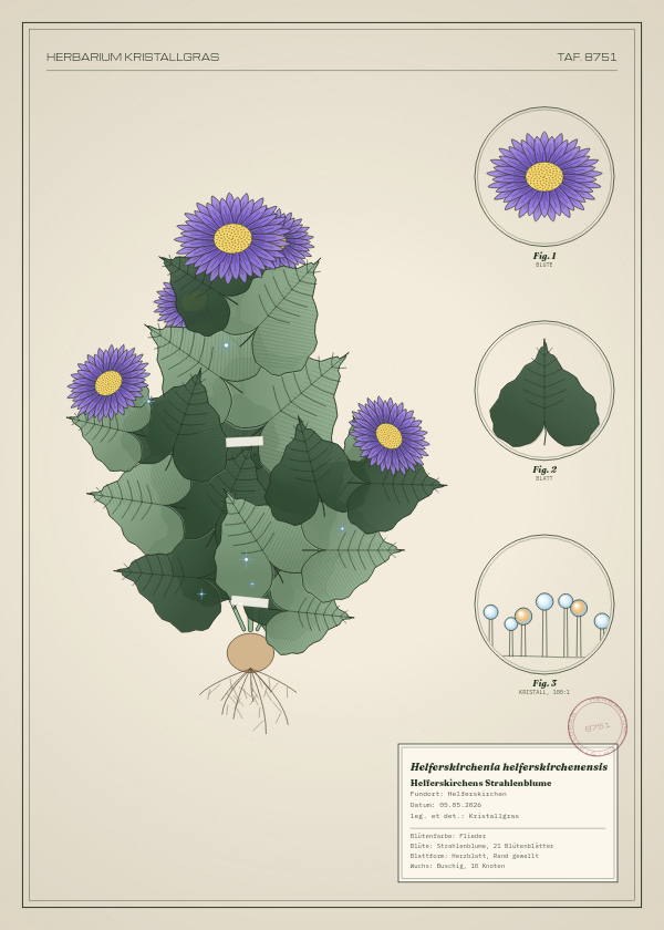 Botanische Tafel: Helferskirchenia helferskirchenensis, eine erfundene Pflanze aus Helferskirchen, gezeichnet wie in einem alten Pflanzenatlas