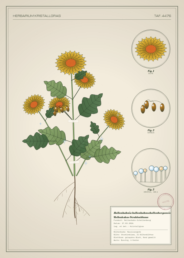 Botanische Tafel: Hellenhahnia hellenhahnschellenbergensis, eine erfundene Pflanze aus Hellenhahn-Schellenberg, gezeichnet wie in einem alten Pflanzenatlas