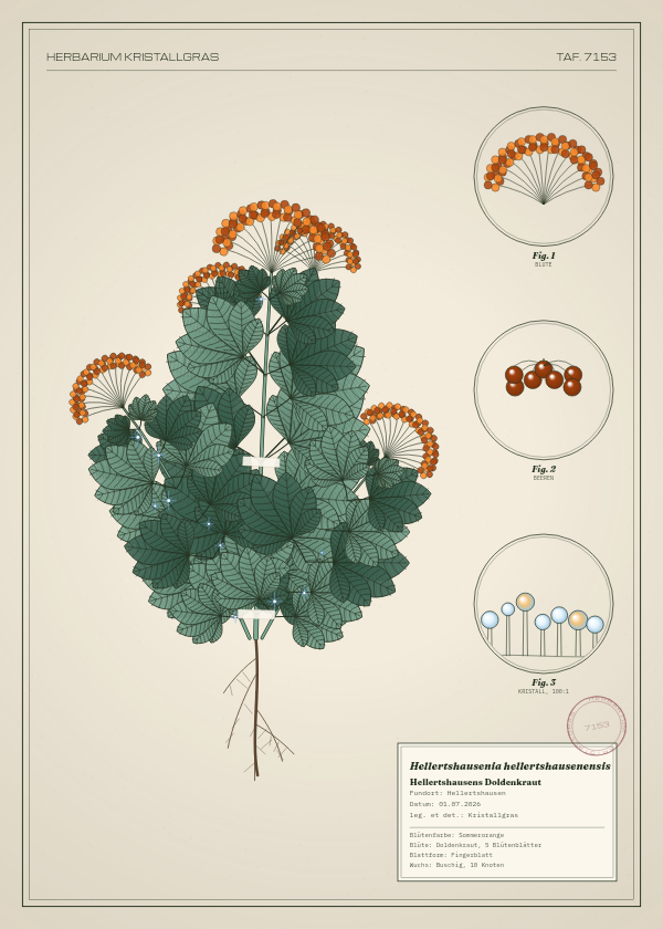 Botanische Tafel: Hellertshausenia hellertshausenensis, eine erfundene Pflanze aus Hellertshausen, gezeichnet wie in einem alten Pflanzenatlas