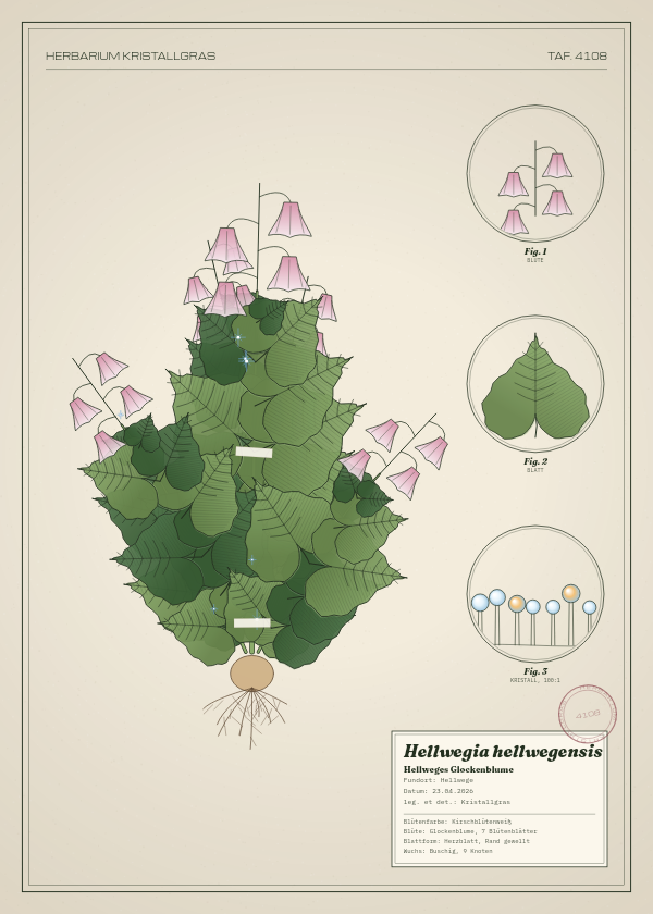 Botanische Tafel: Hellwegia hellwegensis, eine erfundene Pflanze aus Hellwege, gezeichnet wie in einem alten Pflanzenatlas
