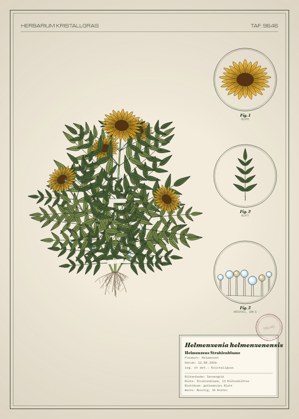 Botanische Tafel: Helmenzenia helmenzenensis, eine erfundene Pflanze aus Helmenzen, gezeichnet wie in einem alten Pflanzenatlas