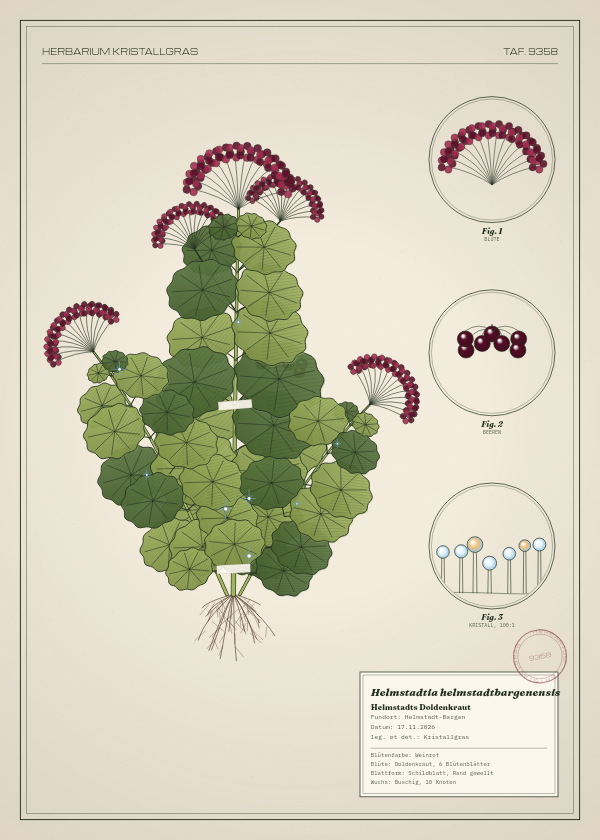 Botanische Tafel: Helmstadtia helmstadtbargenensis, eine erfundene Pflanze aus Helmstadt-Bargen, gezeichnet wie in einem alten Pflanzenatlas