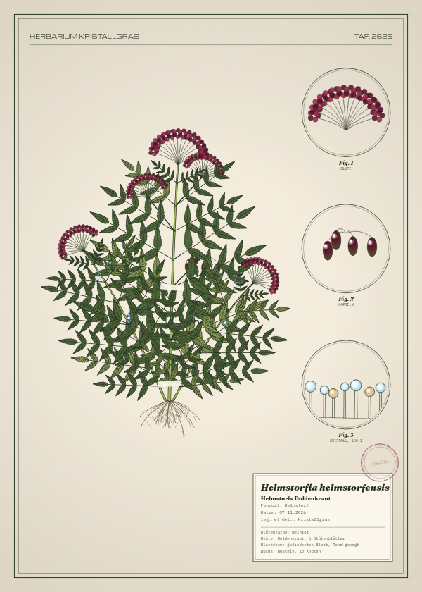 Botanische Tafel: Helmstorfia helmstorfensis, eine erfundene Pflanze aus Helmstorf, gezeichnet wie in einem alten Pflanzenatlas