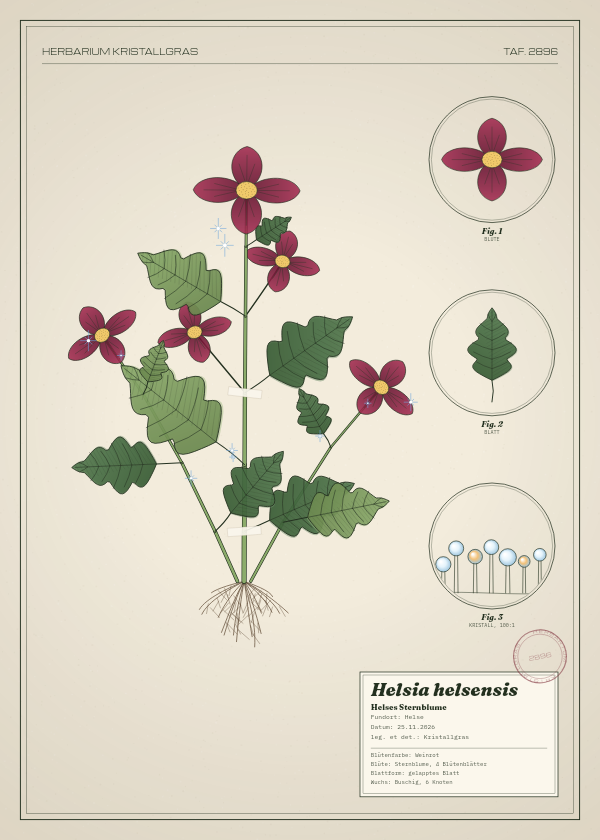 Botanische Tafel: Helsia helsensis, eine erfundene Pflanze aus Helse, gezeichnet wie in einem alten Pflanzenatlas