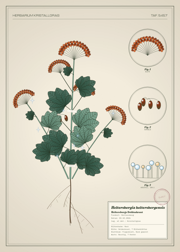 Botanische Tafel: Heltersbergia heltersbergensis, eine erfundene Pflanze aus Heltersberg, gezeichnet wie in einem alten Pflanzenatlas