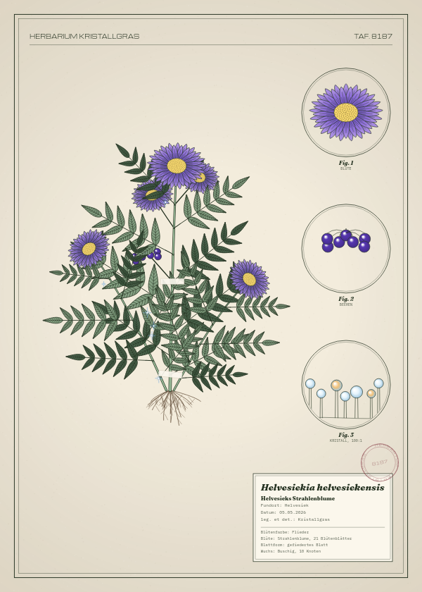 Botanische Tafel: Helvesiekia helvesiekensis, eine erfundene Pflanze aus Helvesiek, gezeichnet wie in einem alten Pflanzenatlas