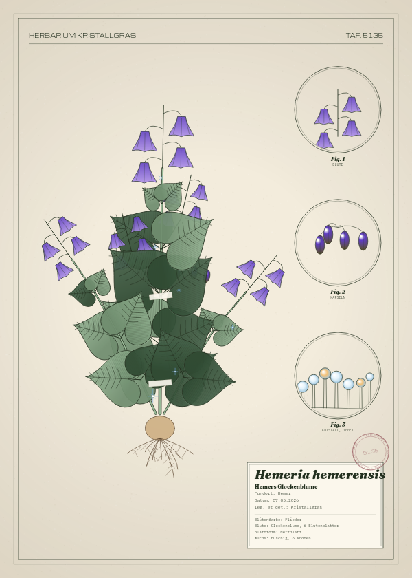 Botanische Tafel: Hemeria hemerensis, eine erfundene Pflanze aus Hemer, gezeichnet wie in einem alten Pflanzenatlas