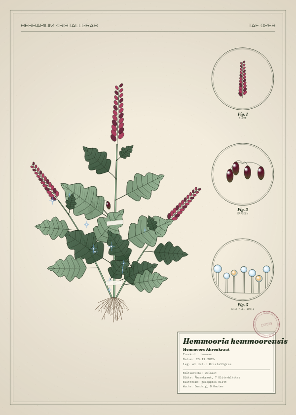 Botanische Tafel: Hemmooria hemmoorensis, eine erfundene Pflanze aus Hemmoor, gezeichnet wie in einem alten Pflanzenatlas