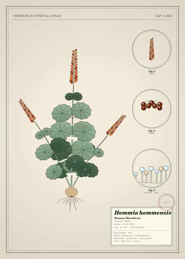 Botanische Tafel: Hemmia hemmensis, eine erfundene Pflanze aus Hemme, gezeichnet wie in einem alten Pflanzenatlas