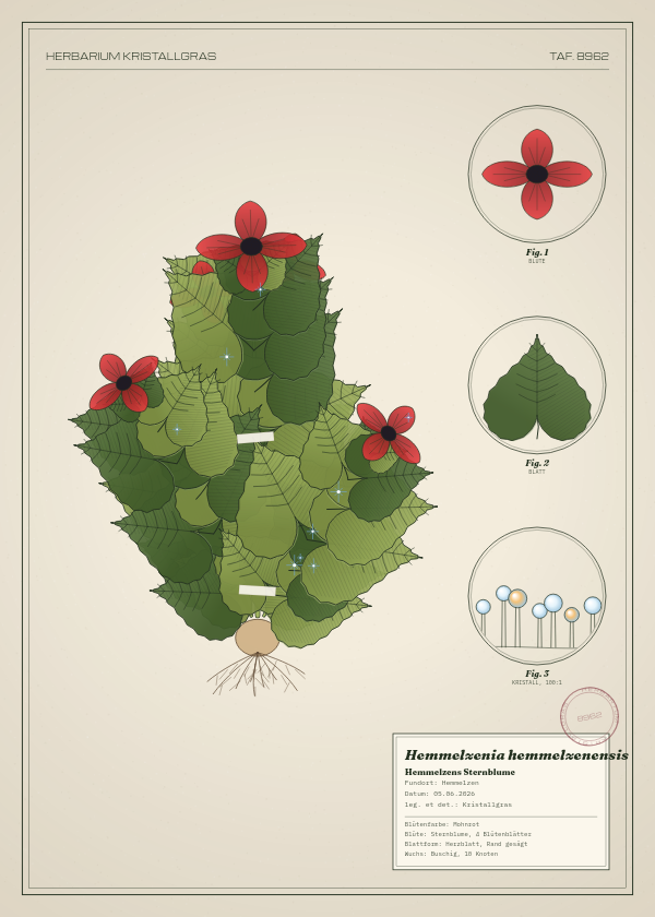 Botanische Tafel: Hemmelzenia hemmelzenensis, eine erfundene Pflanze aus Hemmelzen, gezeichnet wie in einem alten Pflanzenatlas