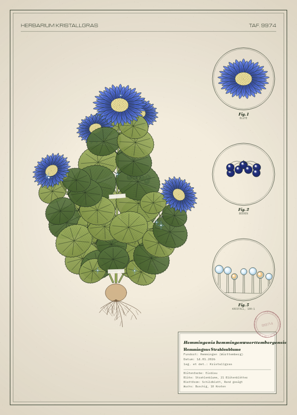 Botanische Tafel: Hemmingenia hemmingenwuerttembergensis, eine erfundene Pflanze aus Hemmingen (Württemberg), gezeichnet wie in einem alten Pflanzenatlas