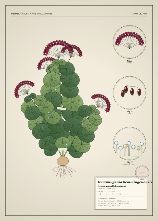 Botanische Tafel: Hemmingenia hemmingenensis, eine erfundene Pflanze aus Hemmingen, gezeichnet wie in einem alten Pflanzenatlas