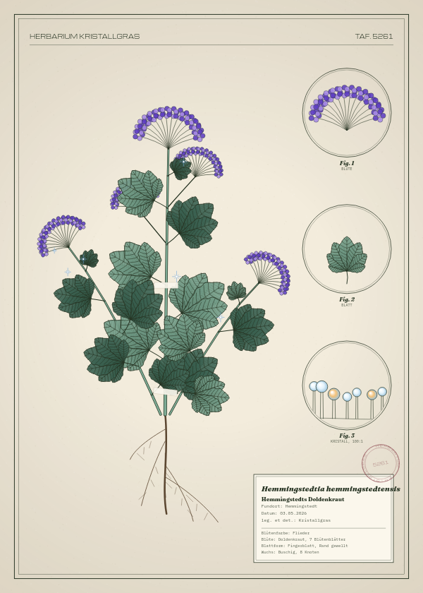 Botanische Tafel: Hemmingstedtia hemmingstedtensis, eine erfundene Pflanze aus Hemmingstedt, gezeichnet wie in einem alten Pflanzenatlas