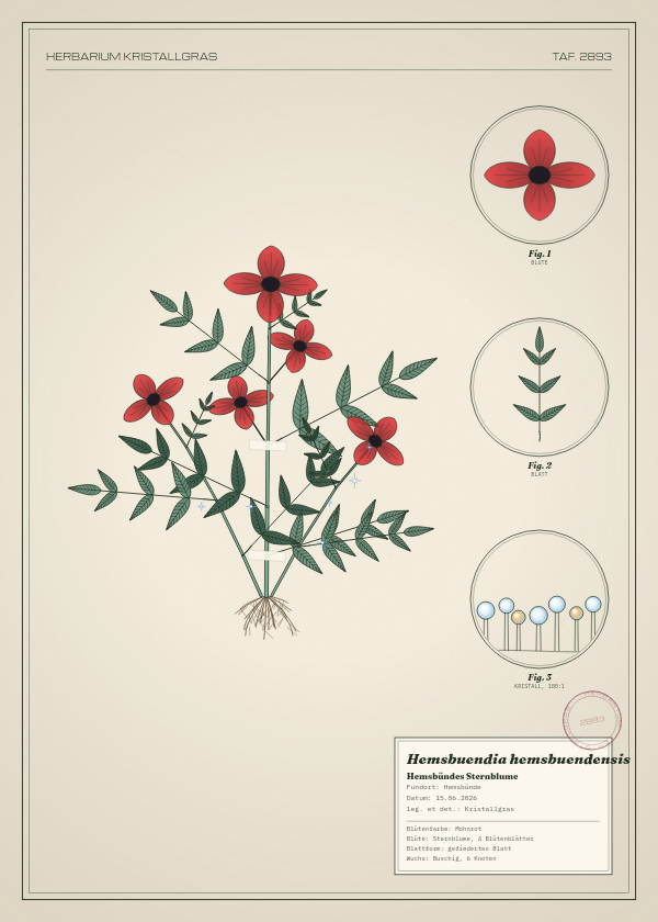 Botanische Tafel: Hemsbuendia hemsbuendensis, eine erfundene Pflanze aus Hemsbünde, gezeichnet wie in einem alten Pflanzenatlas