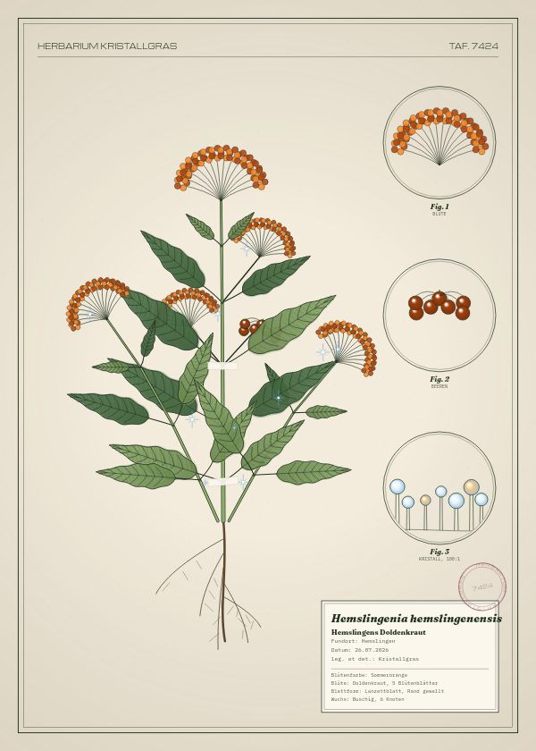 Botanische Tafel: Hemslingenia hemslingenensis, eine erfundene Pflanze aus Hemslingen, gezeichnet wie in einem alten Pflanzenatlas