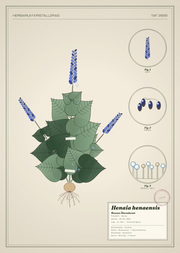Botanische Tafel: Henaia henaensis, eine erfundene Pflanze aus Henau, gezeichnet wie in einem alten Pflanzenatlas