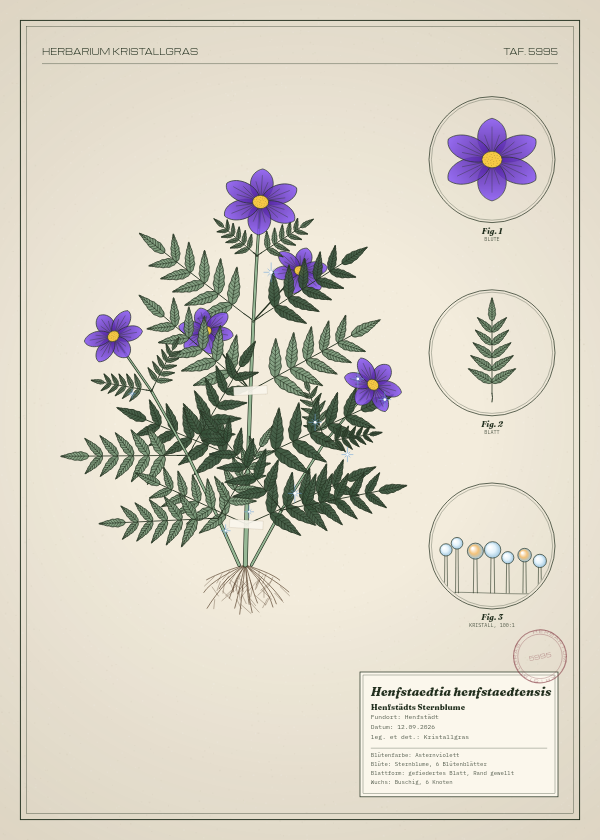 Botanische Tafel: Henfstaedtia henfstaedtensis, eine erfundene Pflanze aus Henfstädt, gezeichnet wie in einem alten Pflanzenatlas