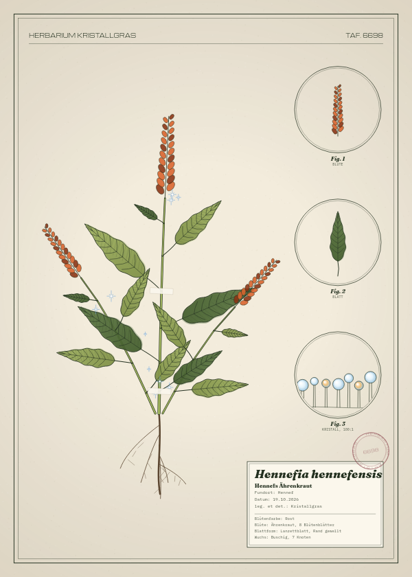 Botanische Tafel: Hennefia hennefensis, eine erfundene Pflanze aus Hennef, gezeichnet wie in einem alten Pflanzenatlas