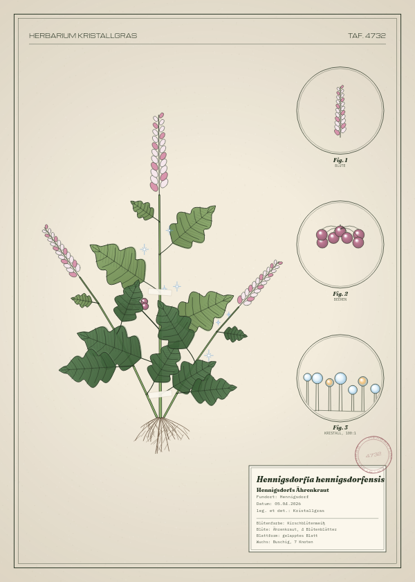 Botanische Tafel: Hennigsdorfia hennigsdorfensis, eine erfundene Pflanze aus Hennigsdorf, gezeichnet wie in einem alten Pflanzenatlas