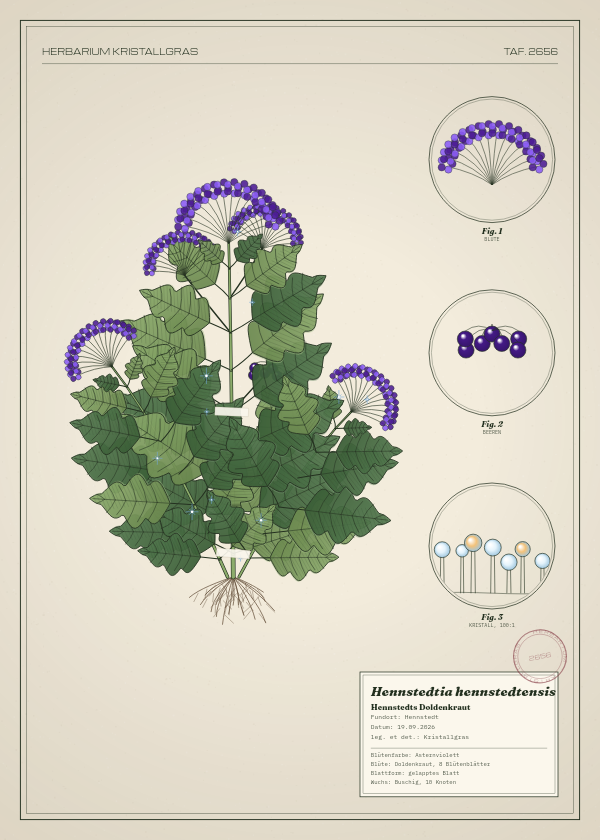 Botanische Tafel: Hennstedtia hennstedtensis, eine erfundene Pflanze aus Hennstedt, gezeichnet wie in einem alten Pflanzenatlas