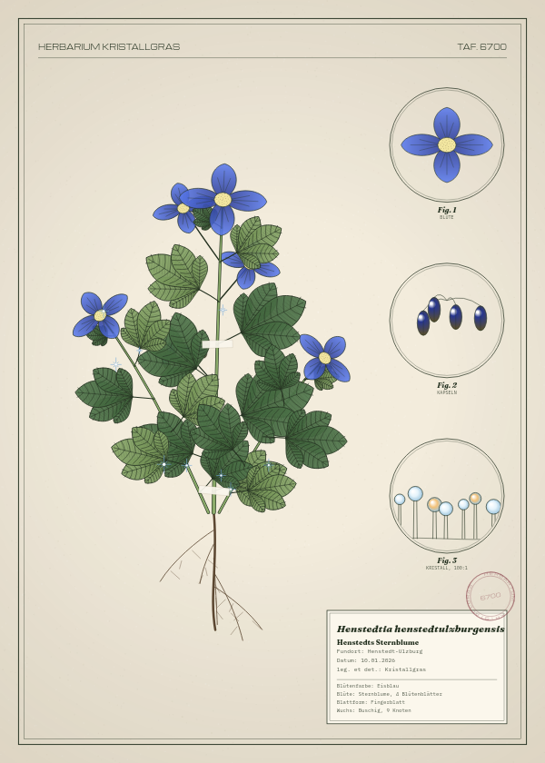 Botanische Tafel: Henstedtia henstedtulzburgensis, eine erfundene Pflanze aus Henstedt-Ulzburg, gezeichnet wie in einem alten Pflanzenatlas