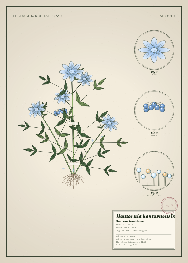 Botanische Tafel: Henternia henternensis, eine erfundene Pflanze aus Hentern, gezeichnet wie in einem alten Pflanzenatlas