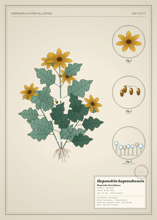 Botanische Tafel: Hepstedtia hepstedtensis, eine erfundene Pflanze aus Hepstedt, gezeichnet wie in einem alten Pflanzenatlas