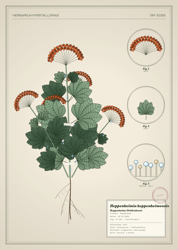 Botanische Tafel: Heppenheimia heppenheimensis, eine erfundene Pflanze aus Heppenheim, gezeichnet wie in einem alten Pflanzenatlas