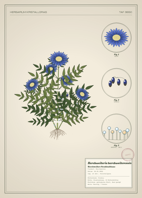 Botanische Tafel: Herchweileria herchweilerensis, eine erfundene Pflanze aus Herchweiler, gezeichnet wie in einem alten Pflanzenatlas