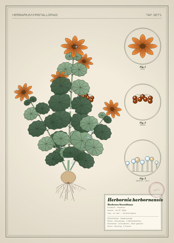 Botanische Tafel: Herbornia herbornensis, eine erfundene Pflanze aus Herborn, gezeichnet wie in einem alten Pflanzenatlas